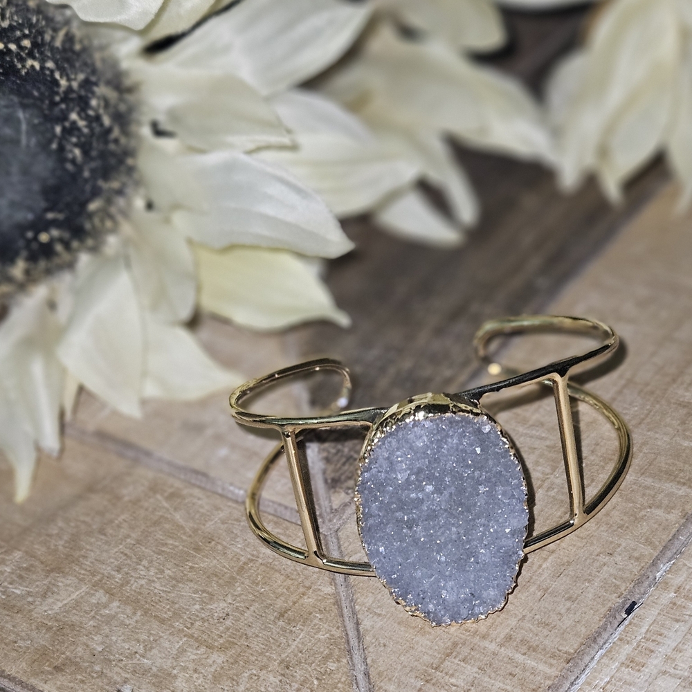 Gold Cuff Bracelet with Gray Druzy Stone